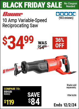 Buy the BAUER 10 Amp Variable Speed Reciprocating Saw (Item 56250) for $34.99, valid through 12/2/2024.