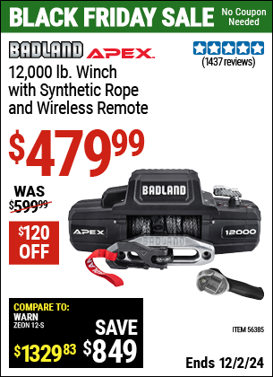 Buy the BADLAND APEX 12,000 lb. Winch with Synthetic Rope and Wireless Remote (Item 56385) for $479.99, valid through 12/2/2024.