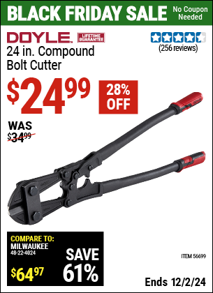 Buy the DOYLE 24 in. Compound Bolt Cutter (Item 56699) for $24.99, valid through 12/2/2024.