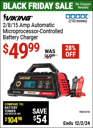 Buy the VIKING 2/8/15 Amp Automatic Microprocessor Controlled Battery Charger (Item 56796) for $49.99, valid through 12/2/2024.