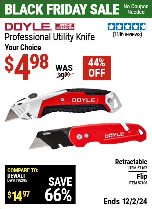 Buy the DOYLE Utility Knife (Item 57107/57108) for $4.98, valid through 12/2/2024.