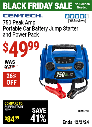 Buy the CEN-TECH 750 Peak Amp Portable Car Battery Jump Starter and Power Pack (Item 57209) for $49.99, valid through 12/2/2024.