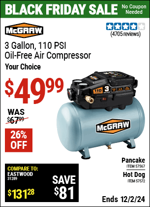 Buy the MCGRAW 3 Gallon, 110 PSI Oil-Free Light-Duty Air Compressor (Item 57572/57567) for $49.99, valid through 12/2/2024.