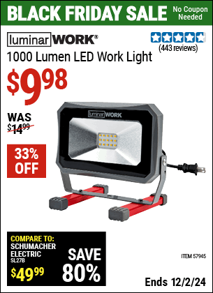 Buy the LUMINAR WORK 1000 Lumen LED Work Light (Item 57945) for $9.98, valid through 12/2/2024.