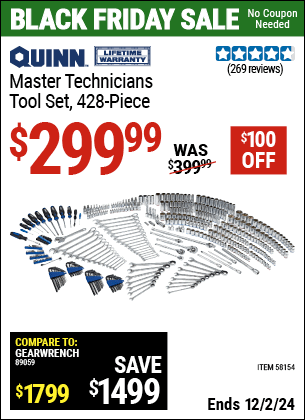 Buy the QUINN Master Technicians Tool Set, 428 Piece (Item 58154) for $299.99, valid through 12/2/2024.