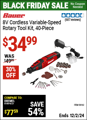 Buy the BAUER 8V Cordless Variable Speed Rotary Tool Kit, 40 Piece (Item 58162) for $34.99, valid through 12/2/2024.