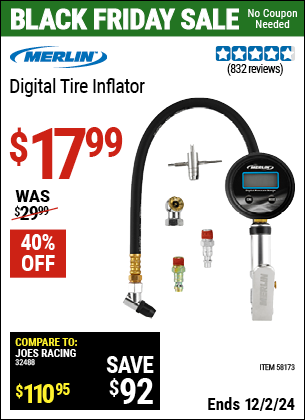 Buy the MERLIN Digital Tire Inflator (Item 58173) for $17.99, valid through 12/2/2024.