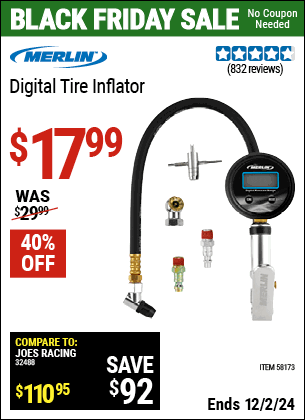 Buy the MERLIN Digital Tire Inflator (Item 58173) for $17.99, valid through 12/2/2024.