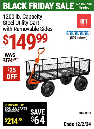 Buy the HFT 1200 lb. Capacity Steel Utility Cart with Removable Sides (Item 58473) for $149.99, valid through 12/2/2024.