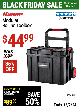 Buy the BAUER Modular Rolling Toolbox (Item 58512) for $44.99, valid through 12/2/2024.