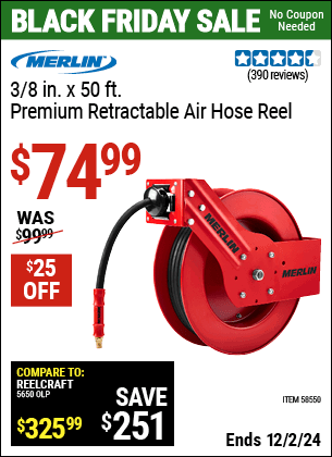 Buy the MERLIN 3/8 in. x 50 Ft. Premium Retractable Air Hose Reel (Item 58550) for $74.99, valid through 12/2/2024.