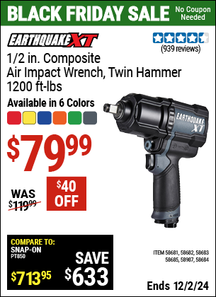 Buy the EARTHQUAKE XT 1/2 in. Composite Air Impact Wrench, Twin Hammer, 1200 ft-lbs (Item 58684/58681/58682/58683/58685/58987) for $79.99, valid through 12/2/2024.