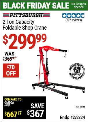 Buy the PITTSBURGH 2 Ton-Capacity Foldable Shop Crane (Item 58755) for $299.99, valid through 12/2/2024.