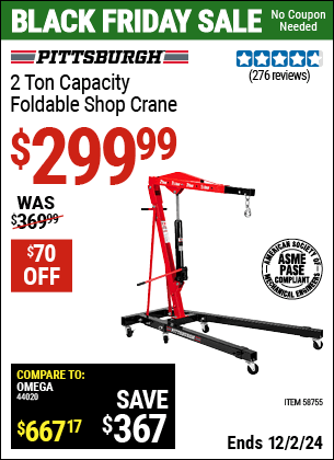 Buy the PITTSBURGH 2 Ton-Capacity Foldable Shop Crane (Item 58755) for $299.99, valid through 12/2/2024.