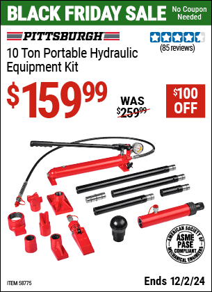 Buy the PITTSBURGH 10 Ton Portable Hydraulic Equipment Kit (Item 58775) for $159.99, valid through 12/2/2024.