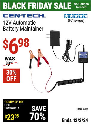 Buy the CEN-TECH 12V Automatic Battery Maintainer (Item 59000) for $6.98, valid through 12/2/2024.