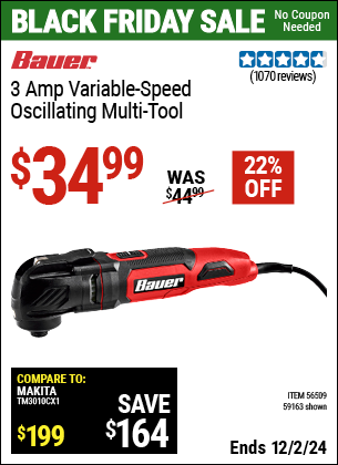 Buy the BAUER 3 Amp Variable-Speed Oscillating Multi-Tool (Item 59163/56509) for $34.99, valid through 12/2/2024.