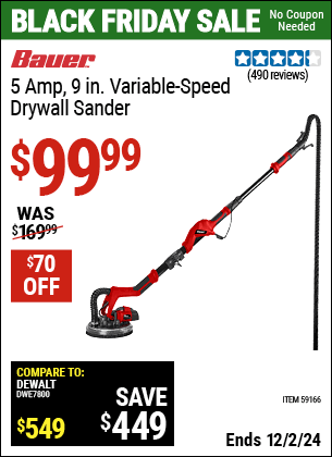 Buy the BAUER 5 Amp, 9 in. Variable-Speed Drywall Sander (Item 59166) for $99.99, valid through 12/2/2024.