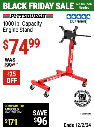 Buy the PITTSBURGH 1000 lb. Capacity Engine Stand (Item 59201) for $74.99, valid through 12/2/2024.