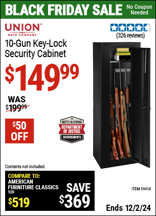 Buy the UNION SAFE COMPANY 10 Gun Key Lock Security Cabinet (Item 59418) for $149.99, valid through 12/2/2024.