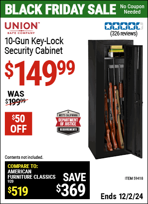 Buy the UNION SAFE COMPANY 10 Gun Key Lock Security Cabinet (Item 59418) for $149.99, valid through 12/2/2024.