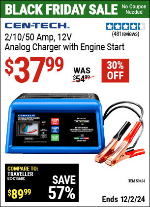 Buy the CEN-TECH 2/10/50 Amp, 12V Analog Charger with Engine Start (Item 59424) for $37.99, valid through 12/2/2024.