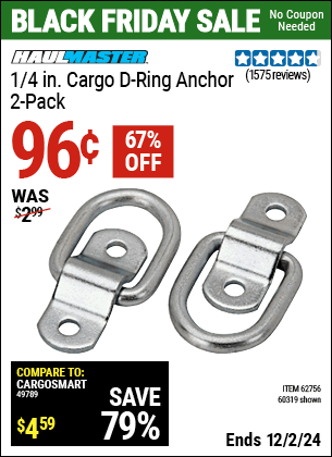 Buy the HAUL-MASTER 1/4 in. Cargo D-Ring Anchor, 2 Pack (Item 60319/62756) for $0.96, valid through 12/2/2024.