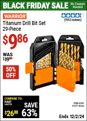 Buy the WARRIOR Titanium Drill Bit Set, 29 Piece (Item 61637/62281) for $9.86, valid through 12/2/2024.