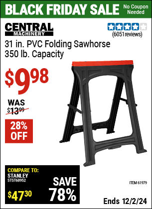 Buy the CENTRAL MACHINERY 31 in. PVC Folding Sawhorse, 350 lb. Capacity (Item 61979) for $9.98, valid through 12/2/2024.