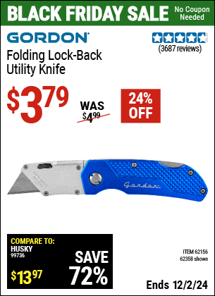 Buy the GORDON Folding Lock-Back Utility Knife (Item 62358/62156) for $3.79, valid through 12/2/2024.