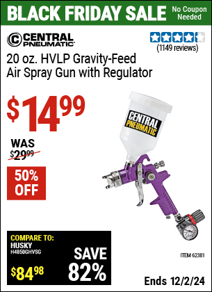 Buy the CENTRAL PNEUMATIC 20 oz. HVLP Gravity-Feed Air Spray Gun with Regulator (Item 62381) for $14.99, valid through 12/2/2024.