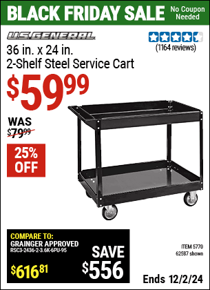 Buy the U.S. GENERAL 36 in. x 24 in. Two Shelf Steel Service Cart, Black (Item 62587/5770) for $59.99, valid through 12/2/2024.