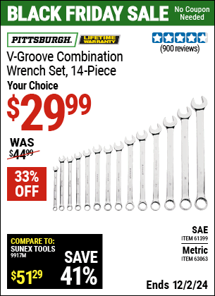 Buy the PITTSBURGH V-Groove Combination Wrench Set, 14 Piece (Item 63063/61399) for $29.99, valid through 12/2/2024.