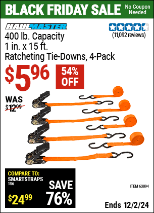 Buy the HAUL-MASTER 400 lb. Capacity, 1 in. x 15 ft. Ratcheting Tie Downs, 4-Pack (Item 63094) for $5.96, valid through 12/2/2024.