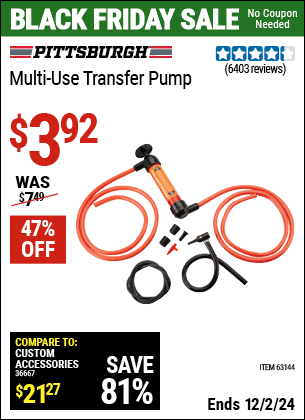 Buy the PITTSBURGH AUTOMOTIVE Multi-Use Transfer Pump (Item 63144) for $3.92, valid through 12/2/2024.