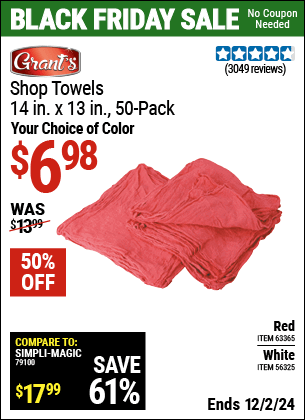 Buy the Shop Towels, 14 in. x 13 in., 50-Pack (Item 63365/56325/63360) for $6.98, valid through 12/2/2024.