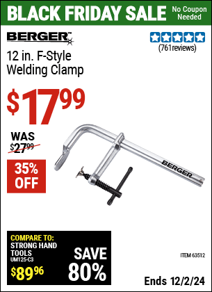 Buy the BERGER 12 in. F-Style Welding Clamp (Item 63512) for $17.99, valid through 12/2/2024.