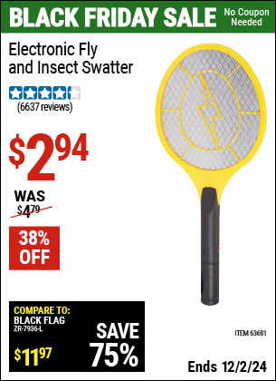 Buy the Electronic Fly and Insect Swatter (Item 63681) for $2.94, valid through 12/2/2024.