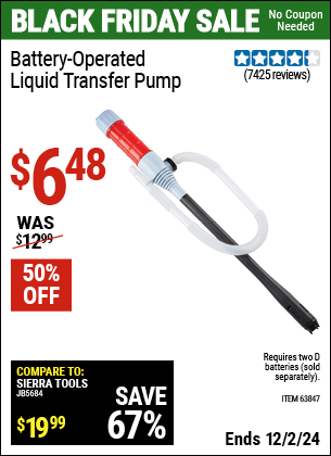 Buy the Battery-Operated Liquid Transfer Pump (Item 63847) for $6.48, valid through 12/2/2024.