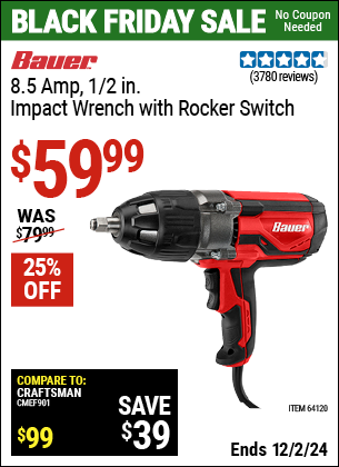 Buy the BAUER 8.5 Amp 1/2 in. Impact Wrench with Rocker Switch (Item 64120) for $59.99, valid through 12/2/2024.