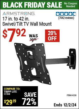 Buy the ARMSTRONG 17 in. to 42 in. Swivel/Tilt TV Wall Mount (Item 64238) for $7.92, valid through 12/2/2024.