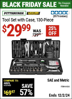 Buy the PITTSBURGH Tool Set with Case, 130 Piece (Item 64263) for $29.99, valid through 12/2/2024.