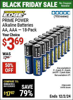 Buy the THUNDERBOLT EDGE PRIME POWER Alkaline Batteries (Item 64490/64489/64491/64492/64493) for $3.69, valid through 12/2/2024.