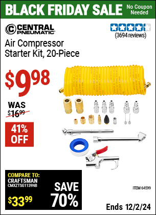 Buy the CENTRAL PNEUMATIC Air Compressor Starter Kit, 20 Piece (Item 64599) for $9.98, valid through 12/2/2024.