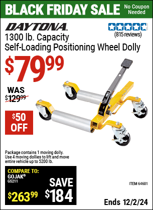 Buy the DAYTONA 1300 lb. Capacity Self-Loading Positioning Wheel Dolly (Item 64601) for $79.99, valid through 12/2/2024.