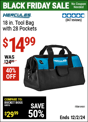 Buy the HERCULES 18 in. Tool Bag with 28 Pockets (Item 64661) for $14.99, valid through 12/2/2024.