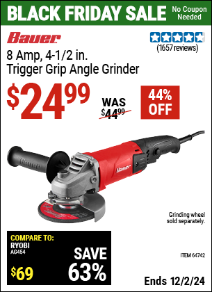 Buy the BAUER 8 Amp 4-1/2 in. Trigger Grip Angle Grinder (Item 64742) for $24.99, valid through 12/2/2024.