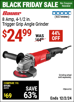 Buy the BAUER 8 Amp 4-1/2 in. Trigger Grip Angle Grinder (Item 64742) for $24.99, valid through 12/2/2024.