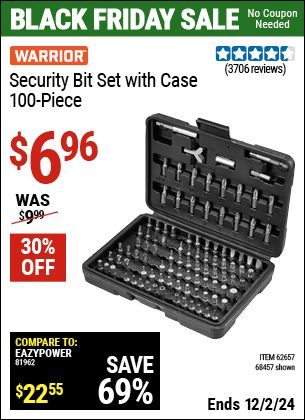 Buy the WARRIOR Security Bit Set with Case, 100 Piece (Item 68457/62657) for $6.96, valid through 12/2/2024.