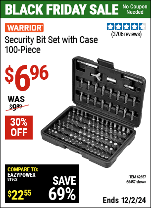 Buy the WARRIOR Security Bit Set with Case, 100 Piece (Item 68457/62657) for $6.96, valid through 12/2/2024.